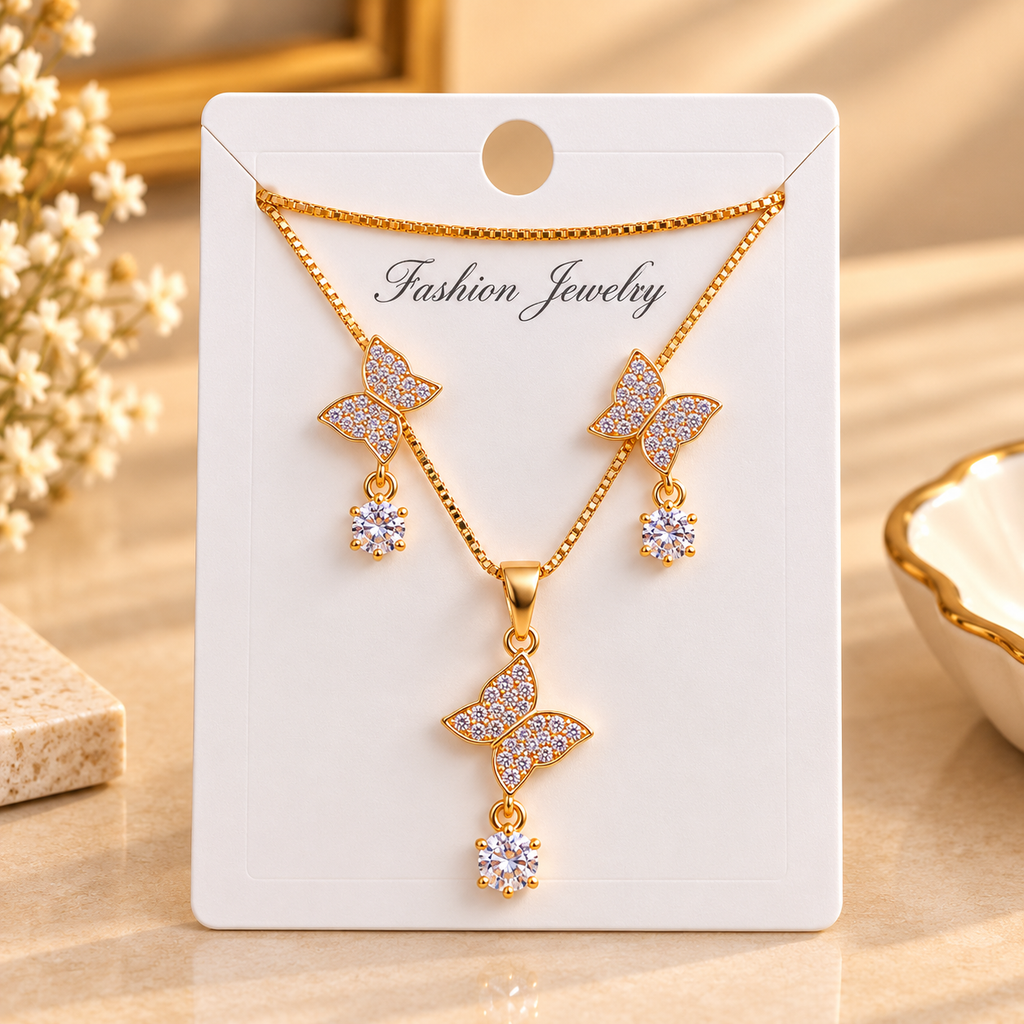 Gold Plated Butterfly Pendant Necklace and Earrings Set for Women & Girls | Elegant CZ Stone Fashion Jewellery Set for Party, Wedding, Festive Wear & Gifting