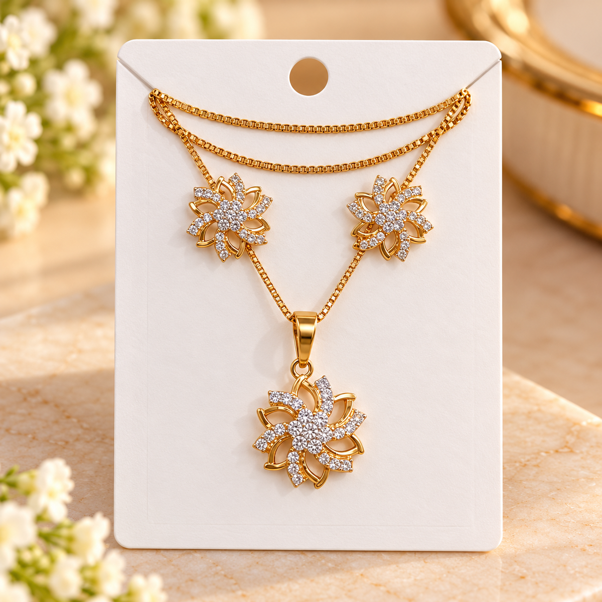 Writing      Gold Plated Floral Necklace and Earrings Set for Women & Girls | Elegant Flower Pendant Jewellery Set with Matching Earrings | Sparkling Party Wear, Wedding, Festive Wear & Gift
