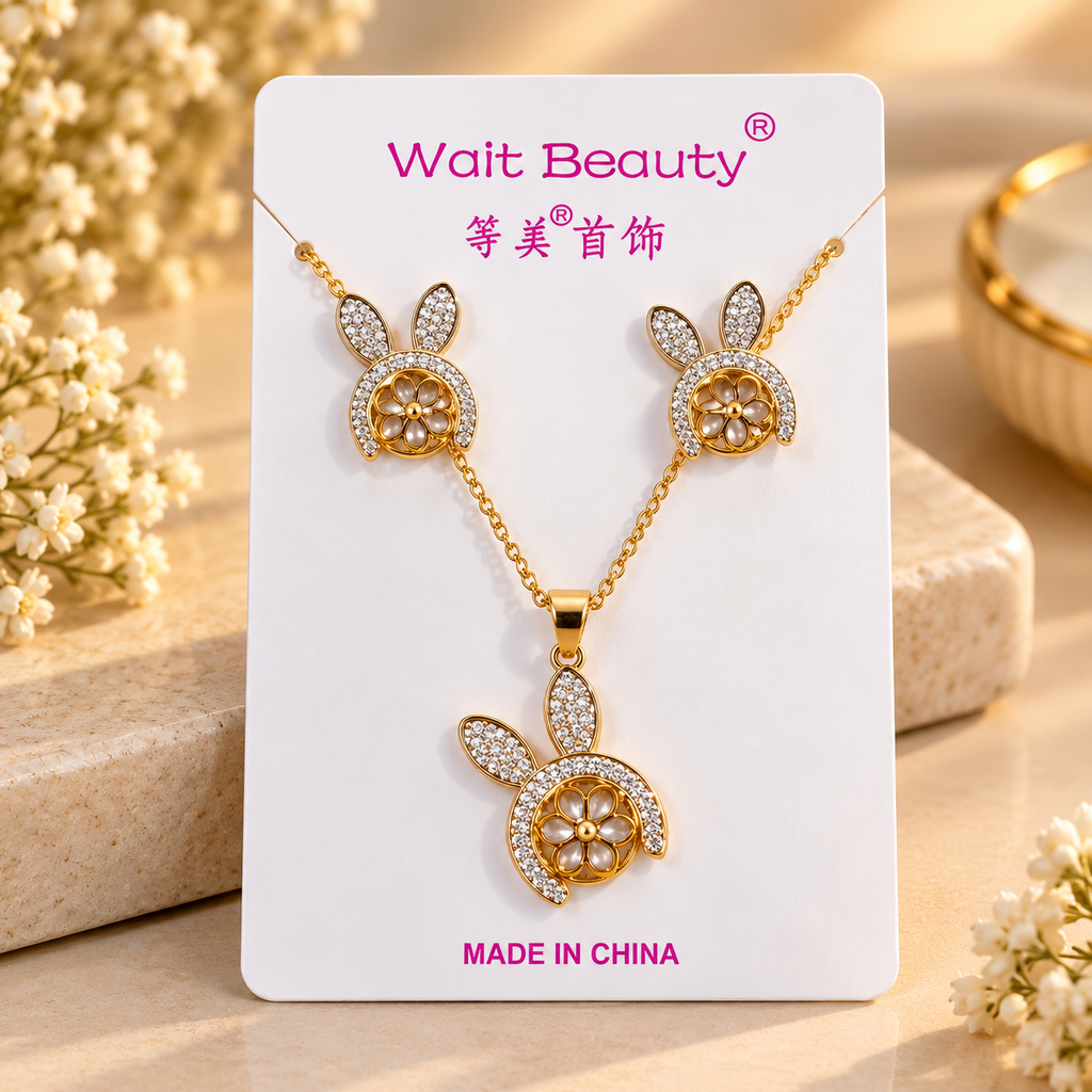 Gold Plated Bunny Floral Necklace and Earrings Set for Women & Girls | Cute Rabbit Design Pendant Jewellery Set with Matching Earrings | Party Wear, Festive Wear & Gift