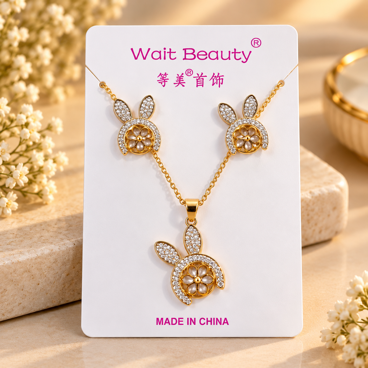 Gold Plated Bunny Floral Necklace and Earrings Set for Women & Girls | Cute Rabbit Design Pendant Jewellery Set with Matching Earrings | Party Wear, Festive Wear & Gift