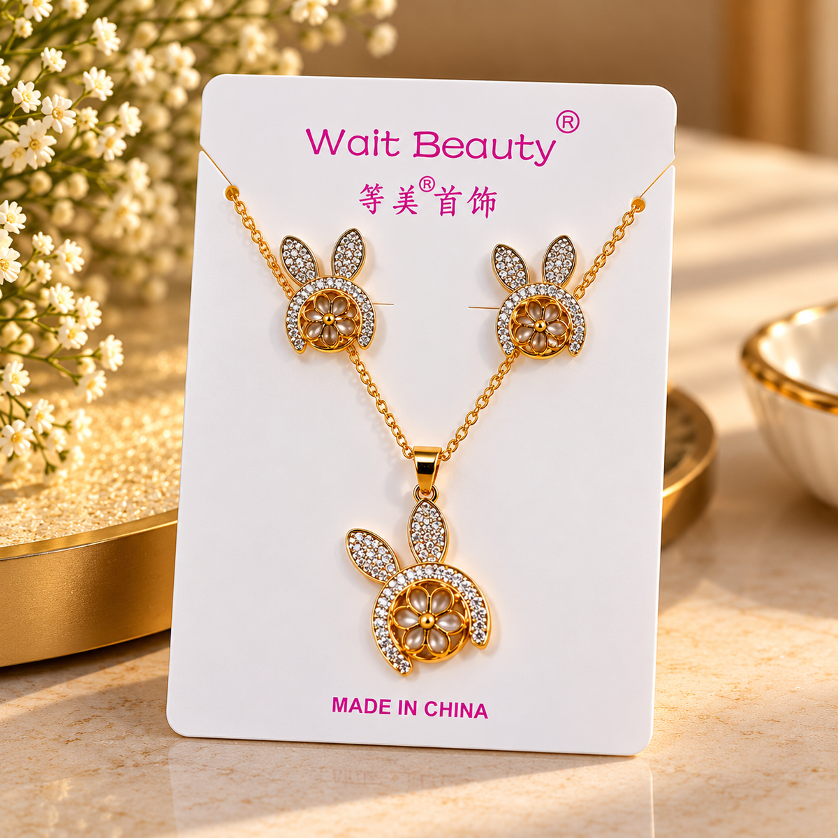 Gold Plated Bunny Floral Necklace and Earrings Set for Women & Girls | Cute Rabbit Design Pendant Jewellery Set with Matching Earrings | Party Wear, Festive Wear & Gift