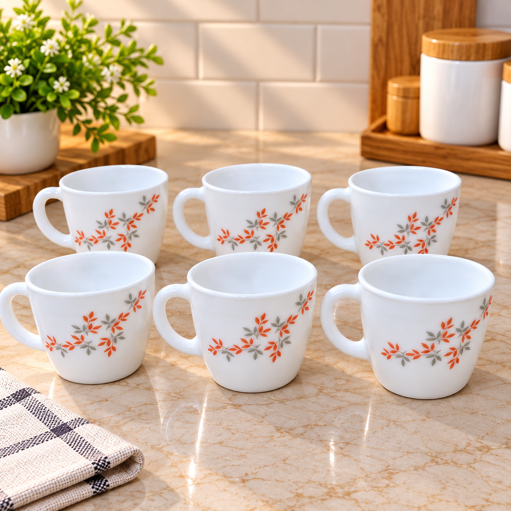 Cello Ricca Twilight Ceramic Cups 100 ML, Pack of 6 | White Tea and Coffee Cups with Elegant Orange & Grey Leaf Design | Small Cups for Tea, Espresso, Milk, Home, Office and Daily Use