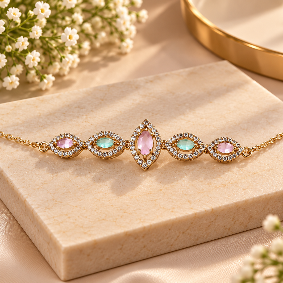 Women’s Gold-Tone Multicolor Gemstone Adjustable Bracelet with Pink and Aqua Blue Stones, Sparkling Crystal Embellished Designer Chain Bracelet for Party Wear, Wedding, Festive Occasions & Gifting