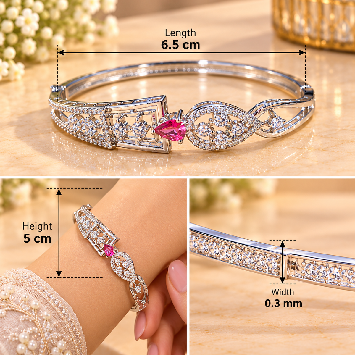 Women’s Silver-Tone Pink Stone Designer Bangle Bracelet with Sparkling Crystal Embellishments, Elegant Fashion Jewellery for Party, Wedding & Festive Wear