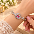 Women’s Silver-Tone Ruby Red Stone Designer Bangle Bracelet with Sparkling Crystal Halo Embellishments, Elegant Fashion Jewellery for Party, Wedding & Festive Wear