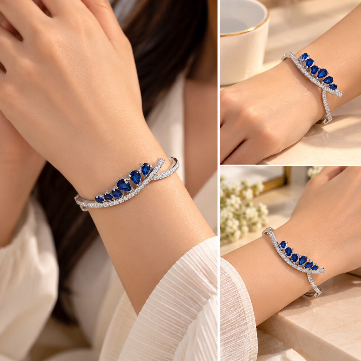 Silver-Tone Blue Sapphire Crystal Bangle Bracelet for Women & Girls | Elegant Rhinestone Kada for Party Wear, Wedding, Festive Occasions & Daily Styling | Length 6.3 cm, Height 5.5 cm