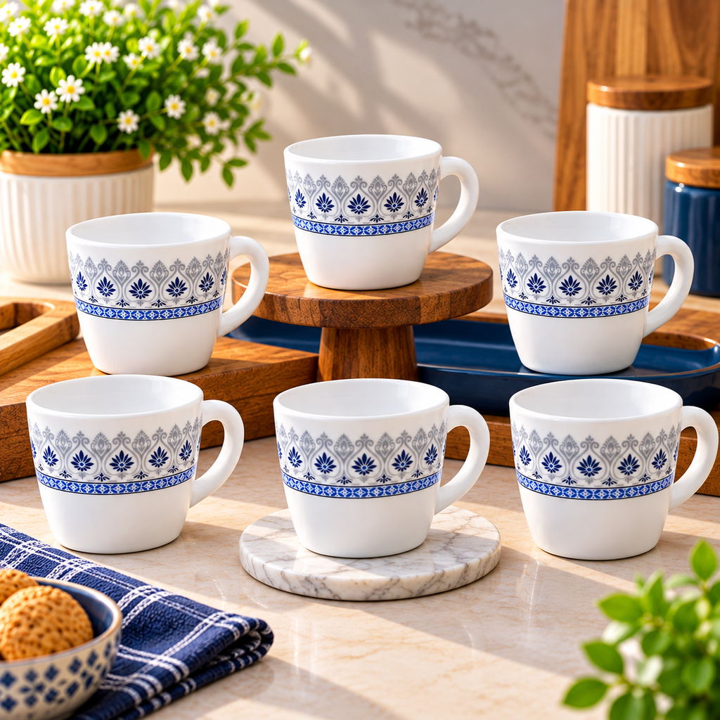 Larah Ocean Cup Set of 6, 100ml Each | Elegant Blue and Grey Floral Printed Tea Cups | Premium Small Cups for Tea, Coffee, Espresso, Milk & Serving | Stylish Cup Set for Home and Kitchen