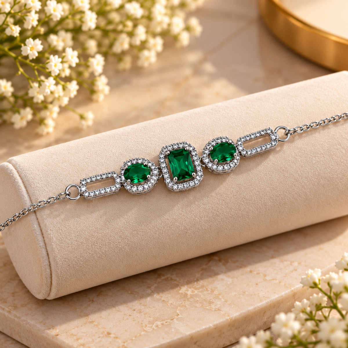 Women’s Silver-Tone Emerald Green Stone Bracelet with Sparkling Crystal Halo Design, Elegant Adjustable Chain Bracelet for Party Wear, Wedding, Festive Occasions & Gifting