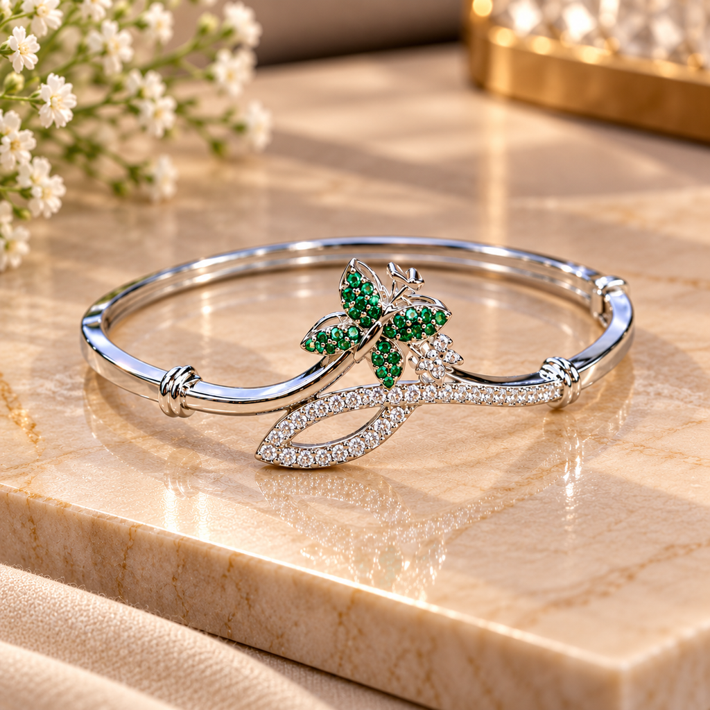 Women’s Silver-Tone Emerald Green Butterfly Designer Bangle Bracelet with Crystal Stone Embellishments, Elegant Fashion Jewellery for Party, Wedding & Festive Wear