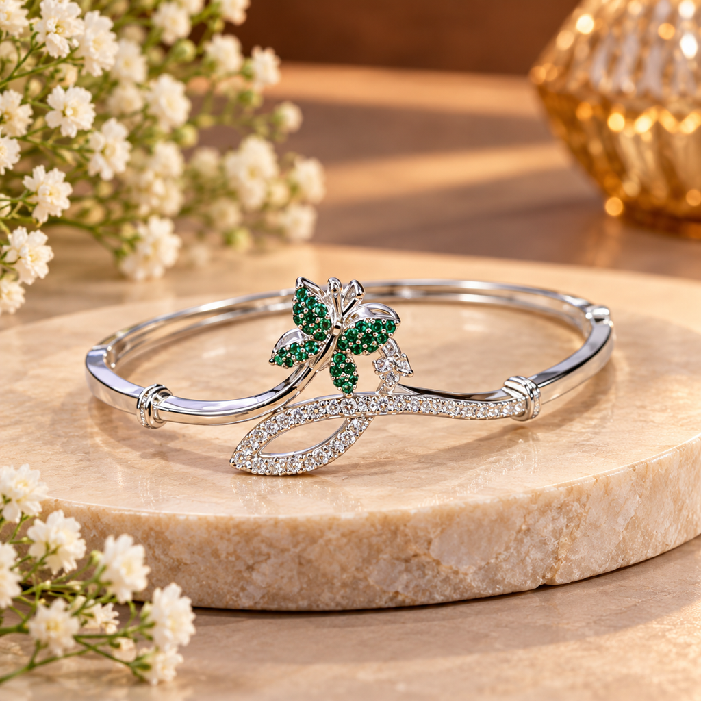 Women’s Silver-Tone Emerald Green Butterfly Designer Bangle Bracelet with Crystal Stone Embellishments, Elegant Fashion Jewellery for Party, Wedding & Festive Wear