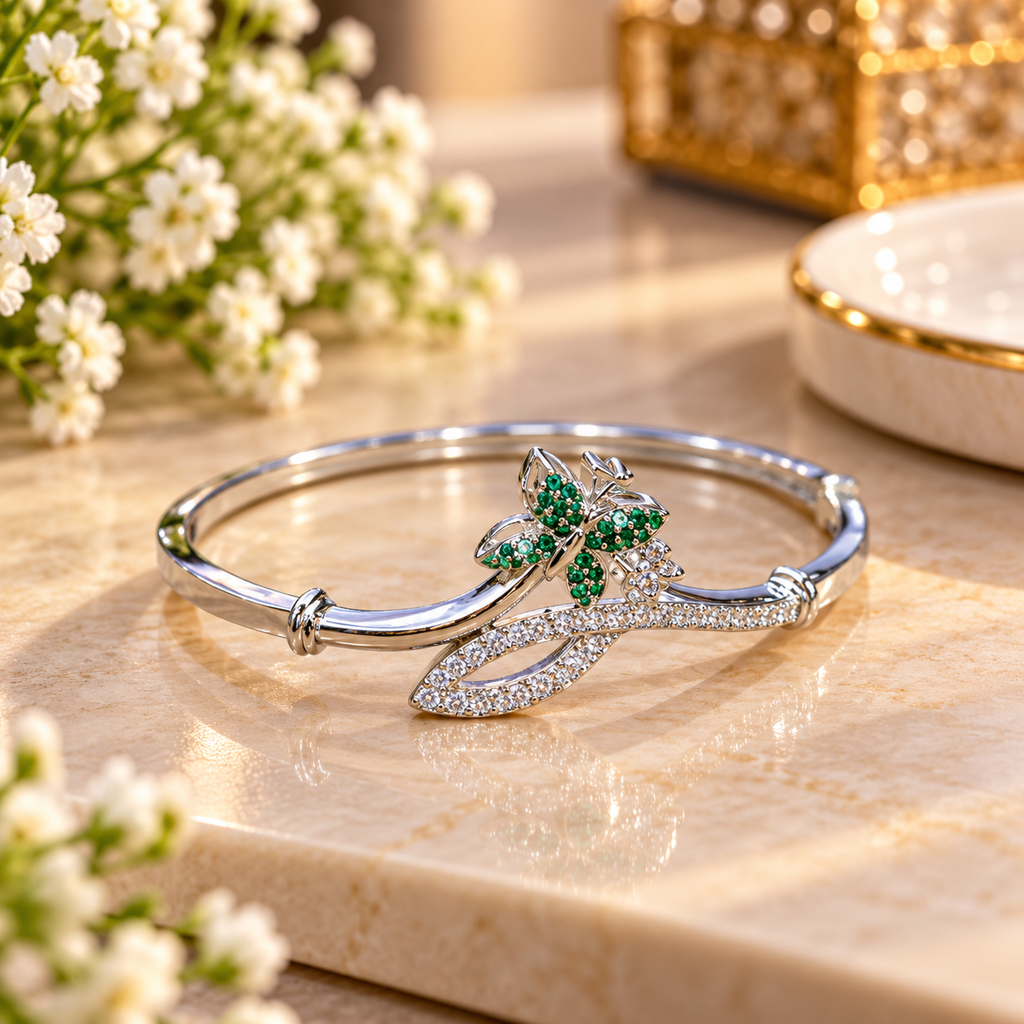 Women’s Silver-Tone Emerald Green Butterfly Designer Bangle Bracelet with Crystal Stone Embellishments, Elegant Fashion Jewellery for Party, Wedding & Festive Wear