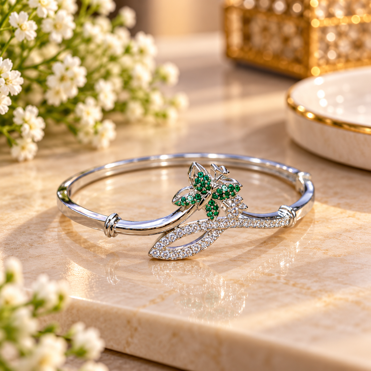 Women’s Silver-Tone Emerald Green Butterfly Designer Bangle Bracelet with Crystal Stone Embellishments, Elegant Fashion Jewellery for Party, Wedding & Festive Wear