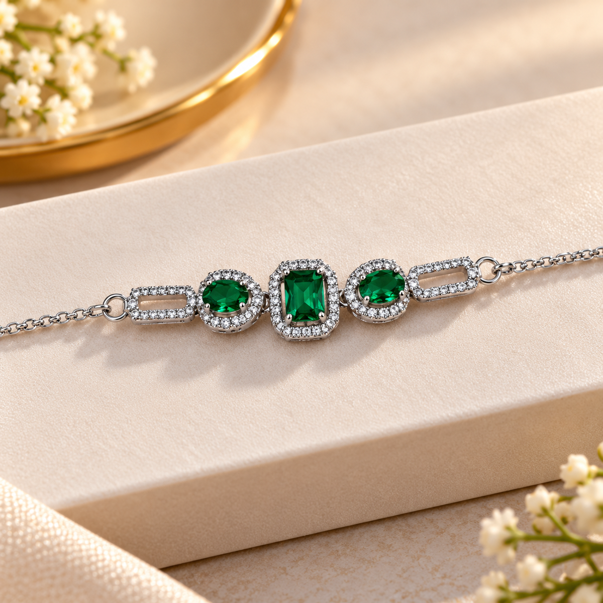Women’s Silver-Tone Emerald Green Stone Bracelet with Sparkling Crystal Halo Design, Elegant Adjustable Chain Bracelet for Party Wear, Wedding, Festive Occasions & Gifting