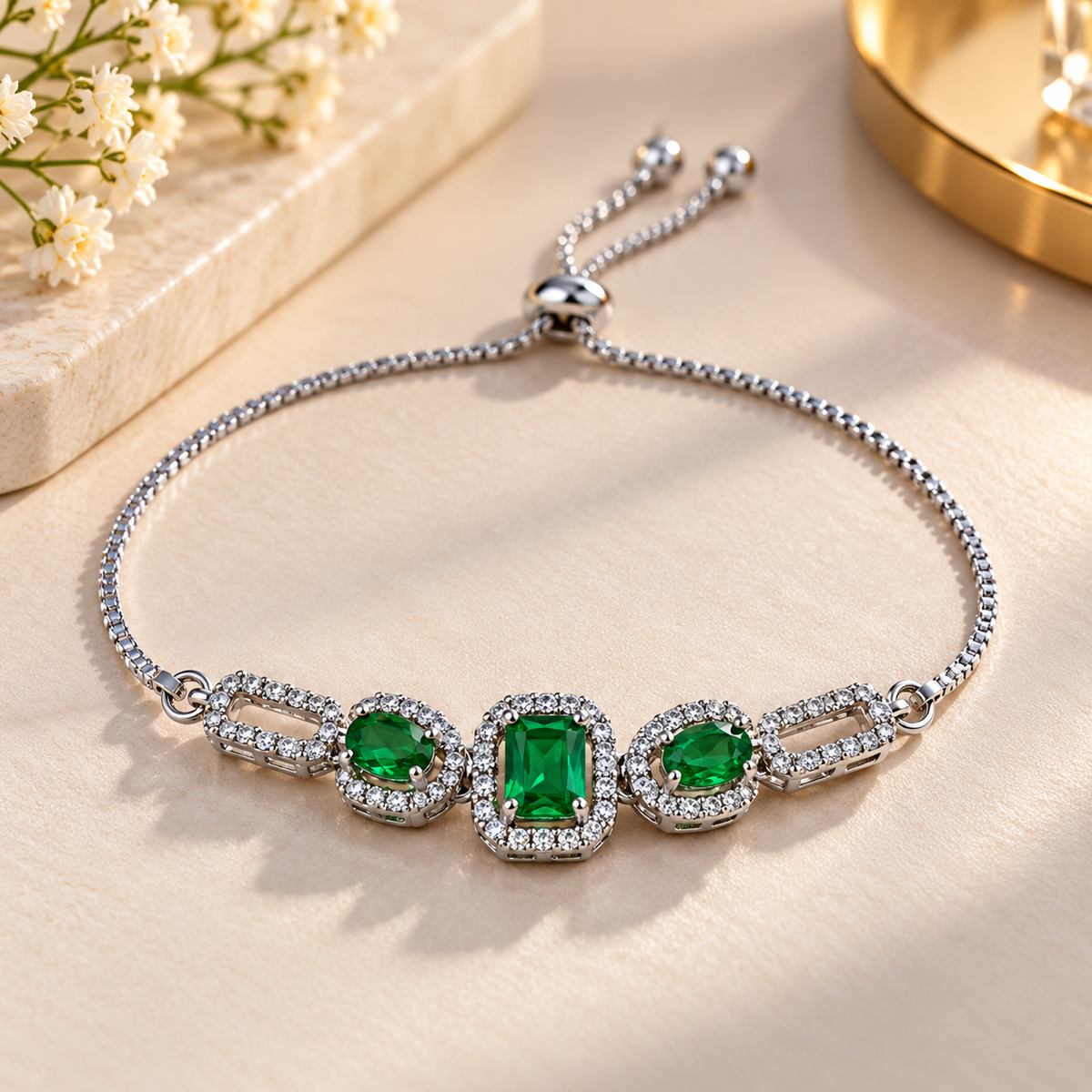 Women’s Silver-Tone Emerald Green Stone Bracelet with Sparkling Crystal Halo Design, Elegant Adjustable Chain Bracelet for Party Wear, Wedding, Festive Occasions & Gifting
