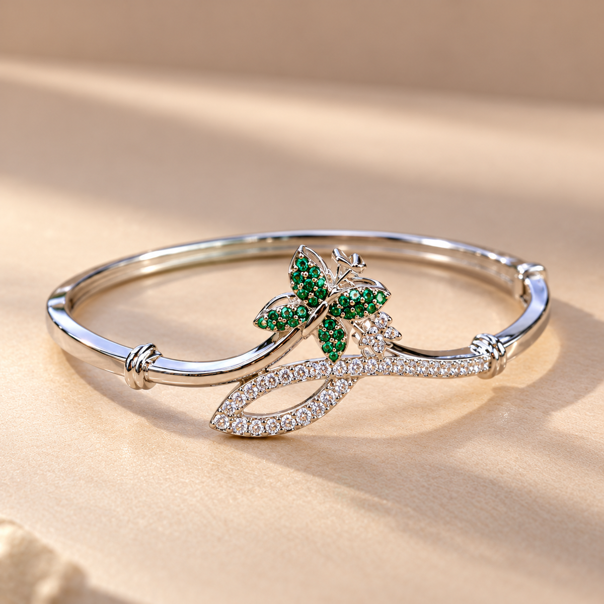 Women’s Silver-Tone Emerald Green Butterfly Designer Bangle Bracelet with Crystal Stone Embellishments, Elegant Fashion Jewellery for Party, Wedding & Festive Wear