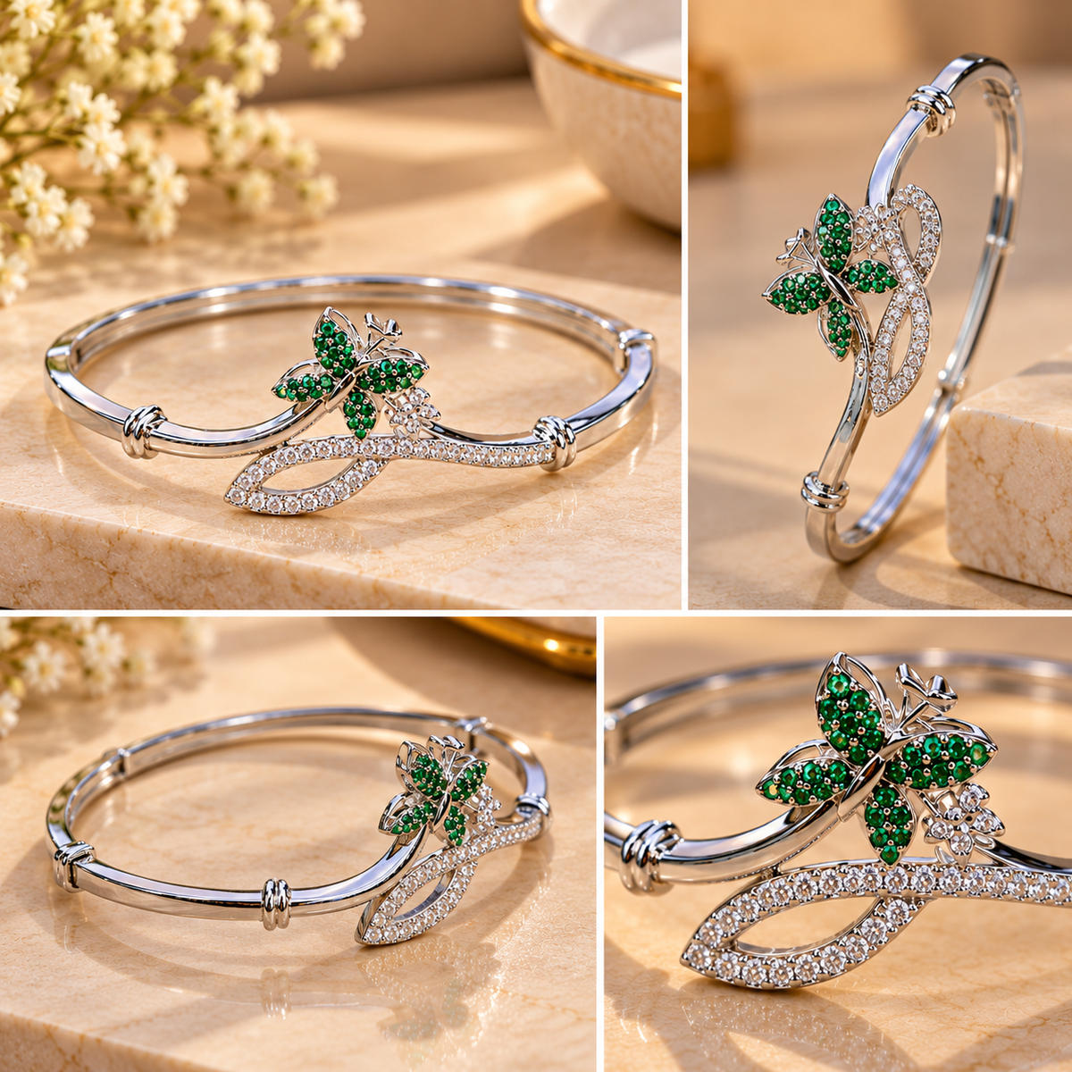 Women’s Silver-Tone Emerald Green Butterfly Designer Bangle Bracelet with Crystal Stone Embellishments, Elegant Fashion Jewellery for Party, Wedding & Festive Wear