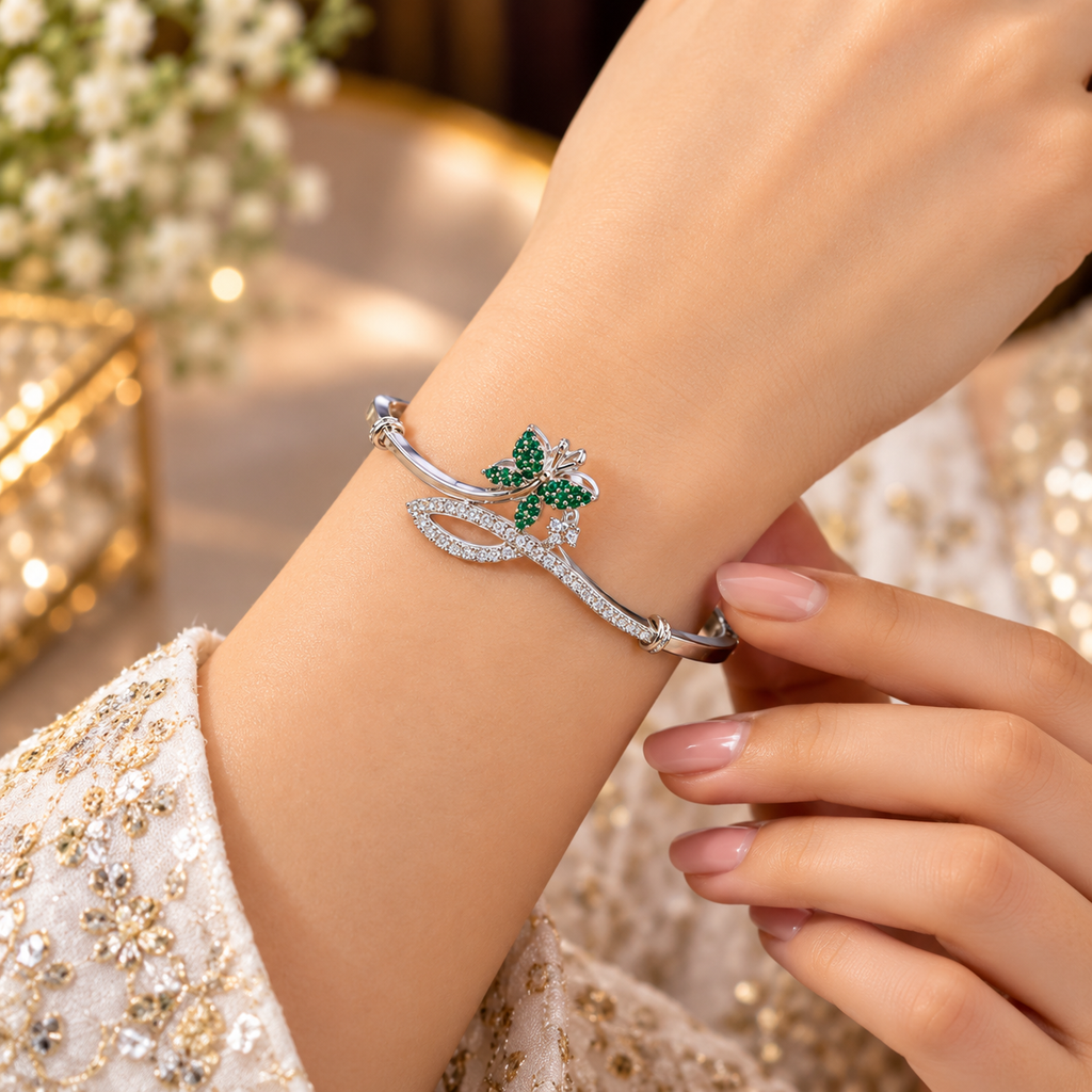 Women’s Silver-Tone Emerald Green Butterfly Designer Bangle Bracelet with Crystal Stone Embellishments, Elegant Fashion Jewellery for Party, Wedding & Festive Wear