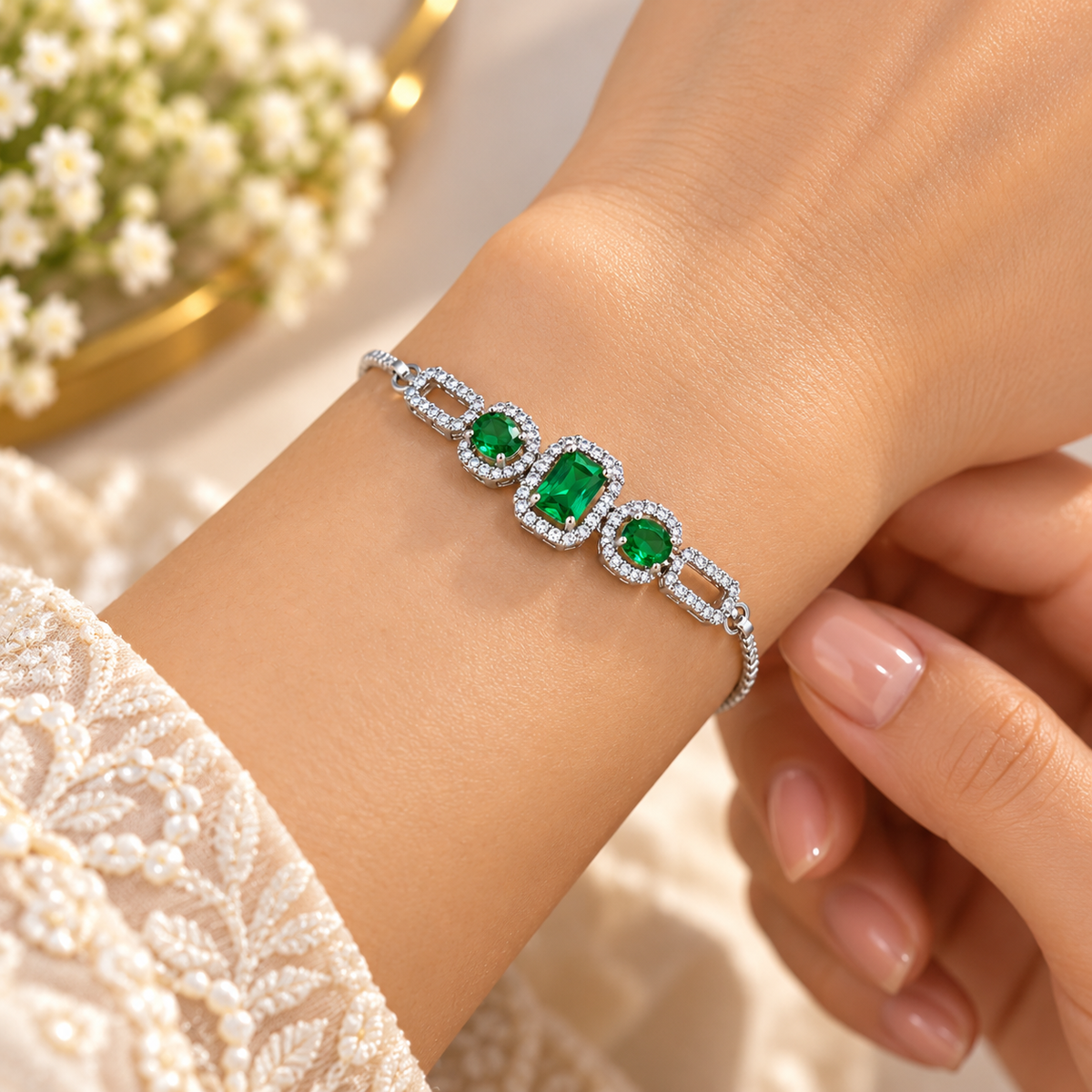 Women’s Silver-Tone Emerald Green Stone Bracelet with Sparkling Crystal Halo Design, Elegant Adjustable Chain Bracelet for Party Wear, Wedding, Festive Occasions & Gifting