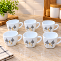 Cello Vogue Golden Pine Cup Set of 6, 100 ML Each | White Floral Printed Tea Cups with Golden & Black Pine Tree Design | Stylish Cups for Tea, Coffee & Milk | Elegant Kitchen Drinkware Set