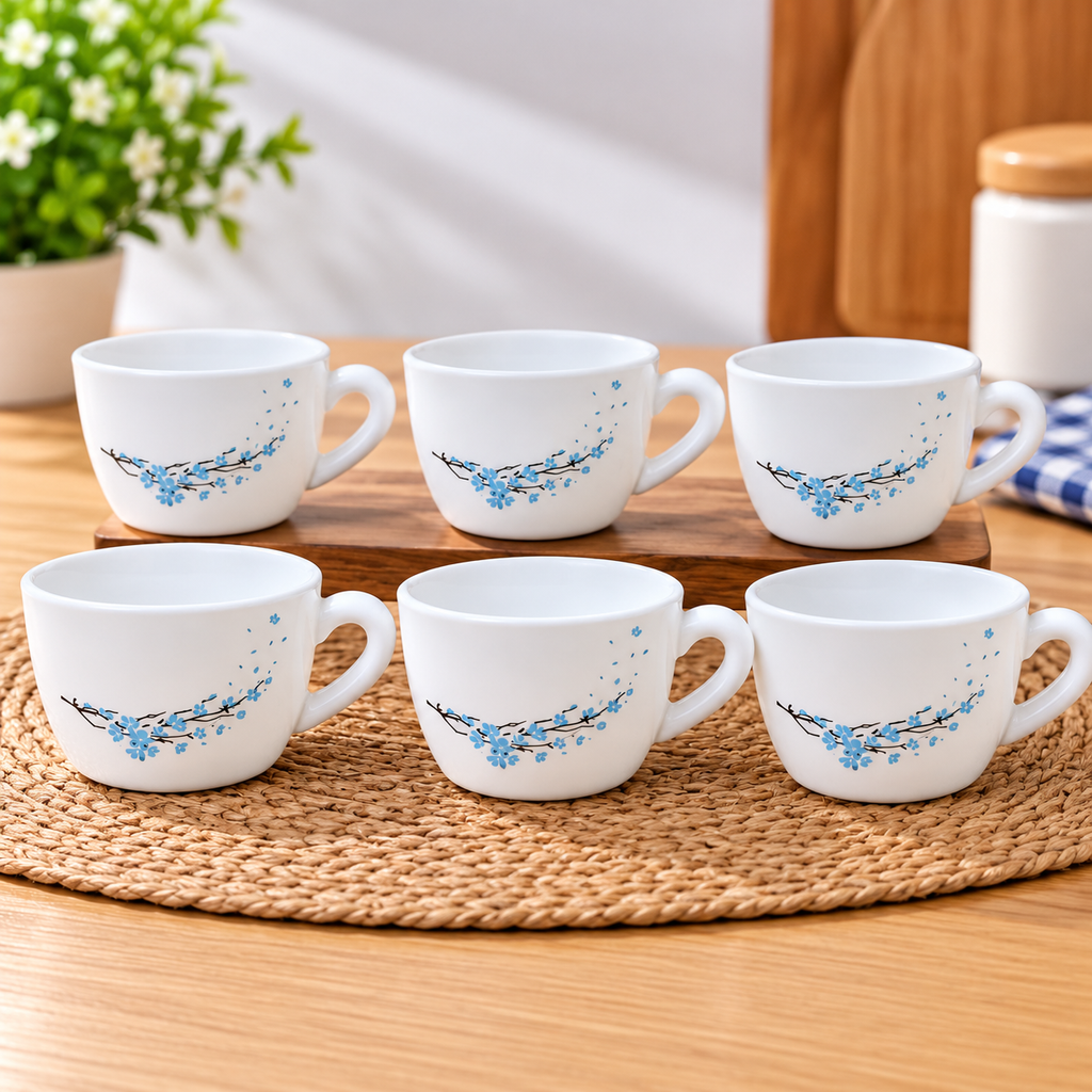 Cello Queen Cup Blossom 130 ML, Pack of 6 | Elegant Blue Floral Printed Tea Cups | Premium White Cups for Tea, Coffee, Milk & Daily Use | Stylish Drinkware for Home, Office & Gifting
