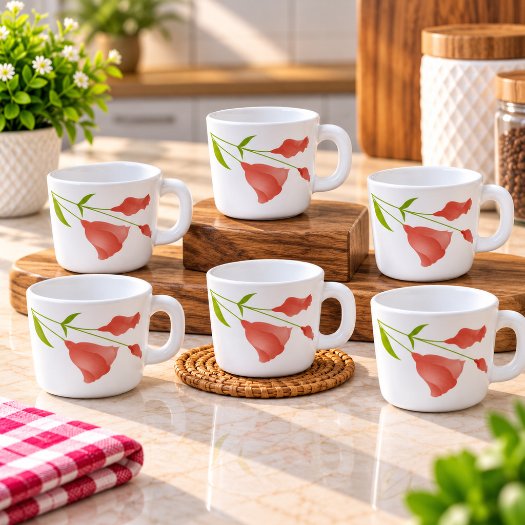 LARAH Red Diana Cup Set of 6, 100ML Each | Elegant Red Floral Printed Tea Cups | Stylish Cups for Tea, Coffee, Milk & Beverages | Premium Kitchen and Dining Crockery