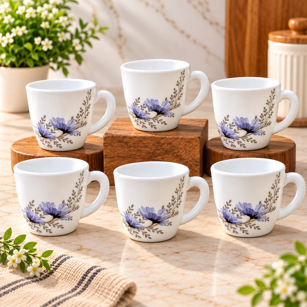 Larah Bellflower Cup 100 ML, Pack of 6 | Elegant White Tea Cups with Purple Floral Design | Small Coffee Cups for Tea, Coffee, Milk & Hot Beverages | Stylish Drinkware for Home & Office