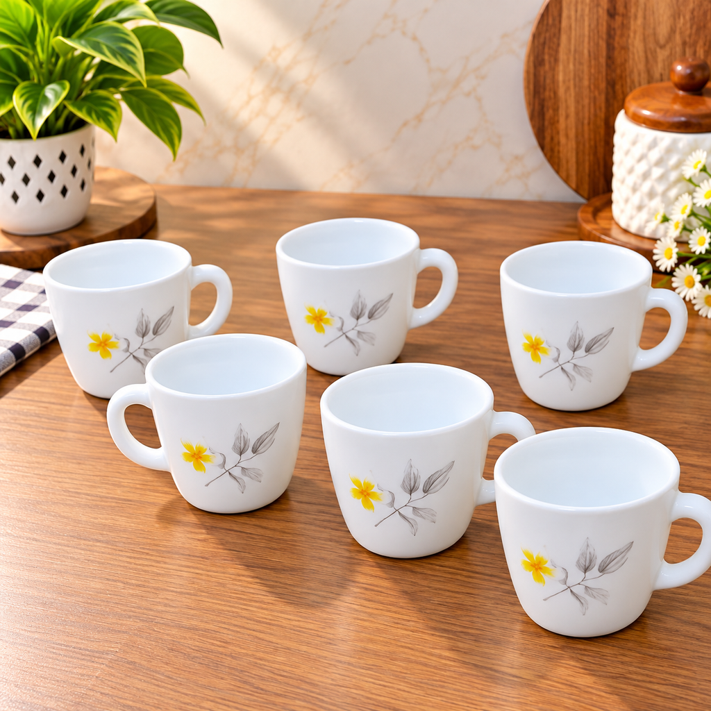 Cello Ricca Frangipani Cup Set 100 ML, Pack of 6 | White Cups with Yellow Floral Design | Stylish Tea and Coffee Cups for Home, Office and Everyday Use