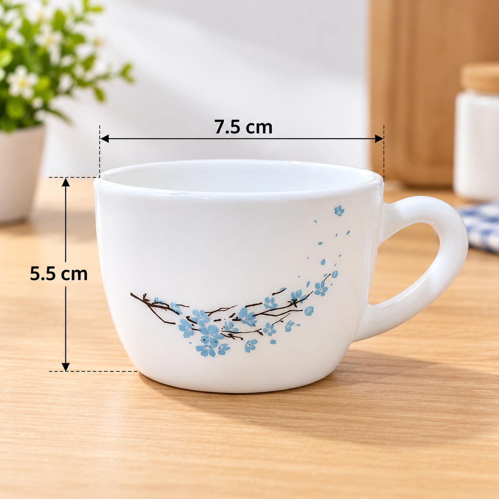 Cello Queen Cup Blossom 130 ML, Pack of 6 | Elegant Blue Floral Printed Tea Cups | Premium White Cups for Tea, Coffee, Milk & Daily Use | Stylish Drinkware for Home, Office & Gifting