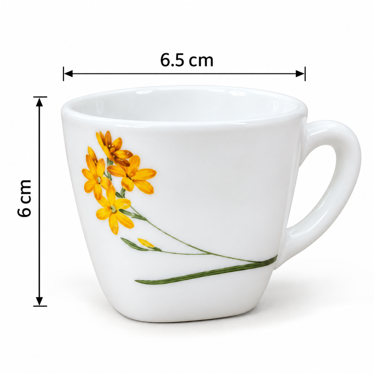 Cello Vogue Zinnia Cup Set of 6, 100 ML Each | White Floral Tea Cups with Yellow Flower Design | Stylish Cups for Tea, Coffee, Milk & Daily Use | Elegant Drinkware Set