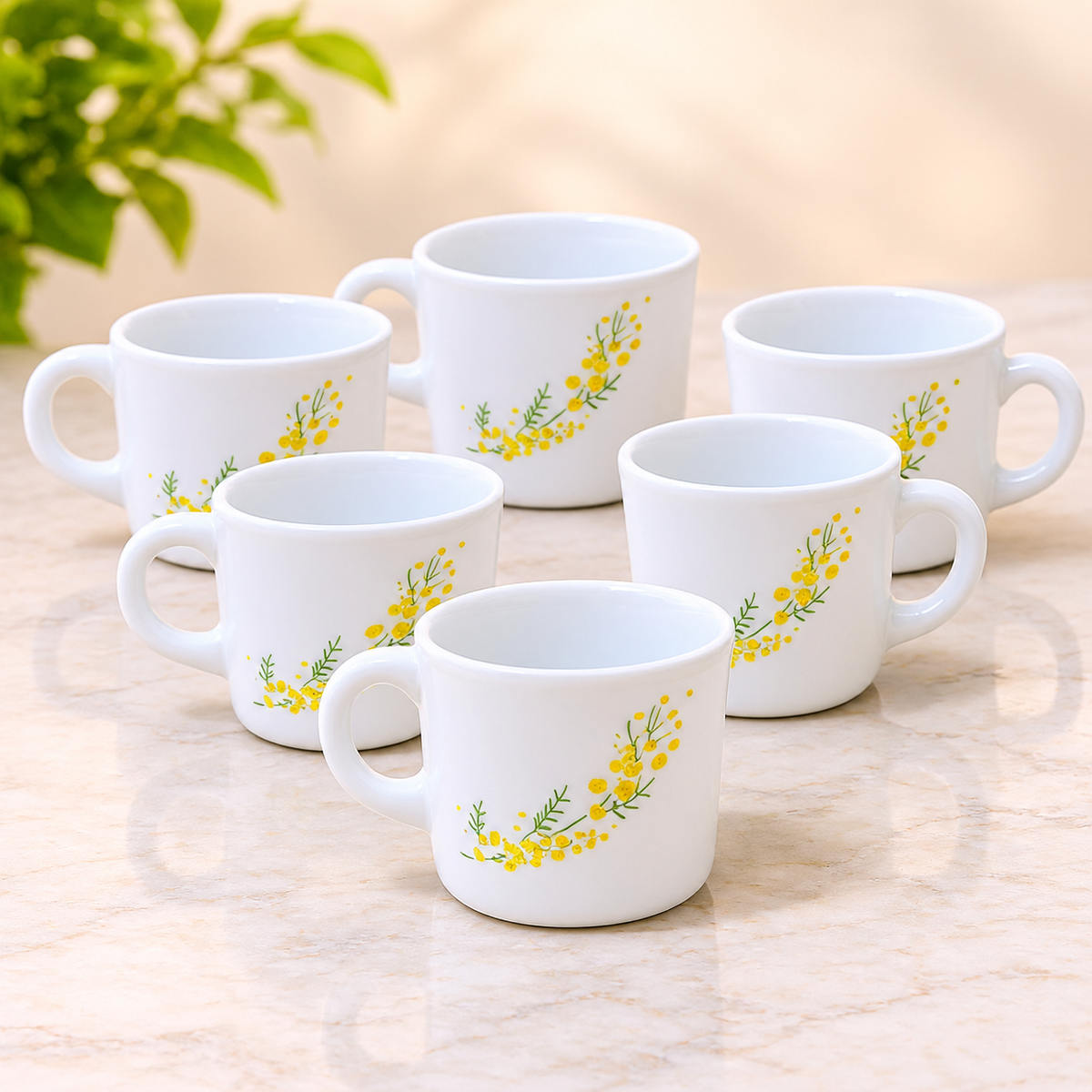 Cello Stella Girasol Cup Set of 6, 100 ML Each | White Floral Printed Tea and Coffee Cups | Yellow Flower Design Small Beverage Cups for Home, Office, Espresso, Green Tea and Gifting