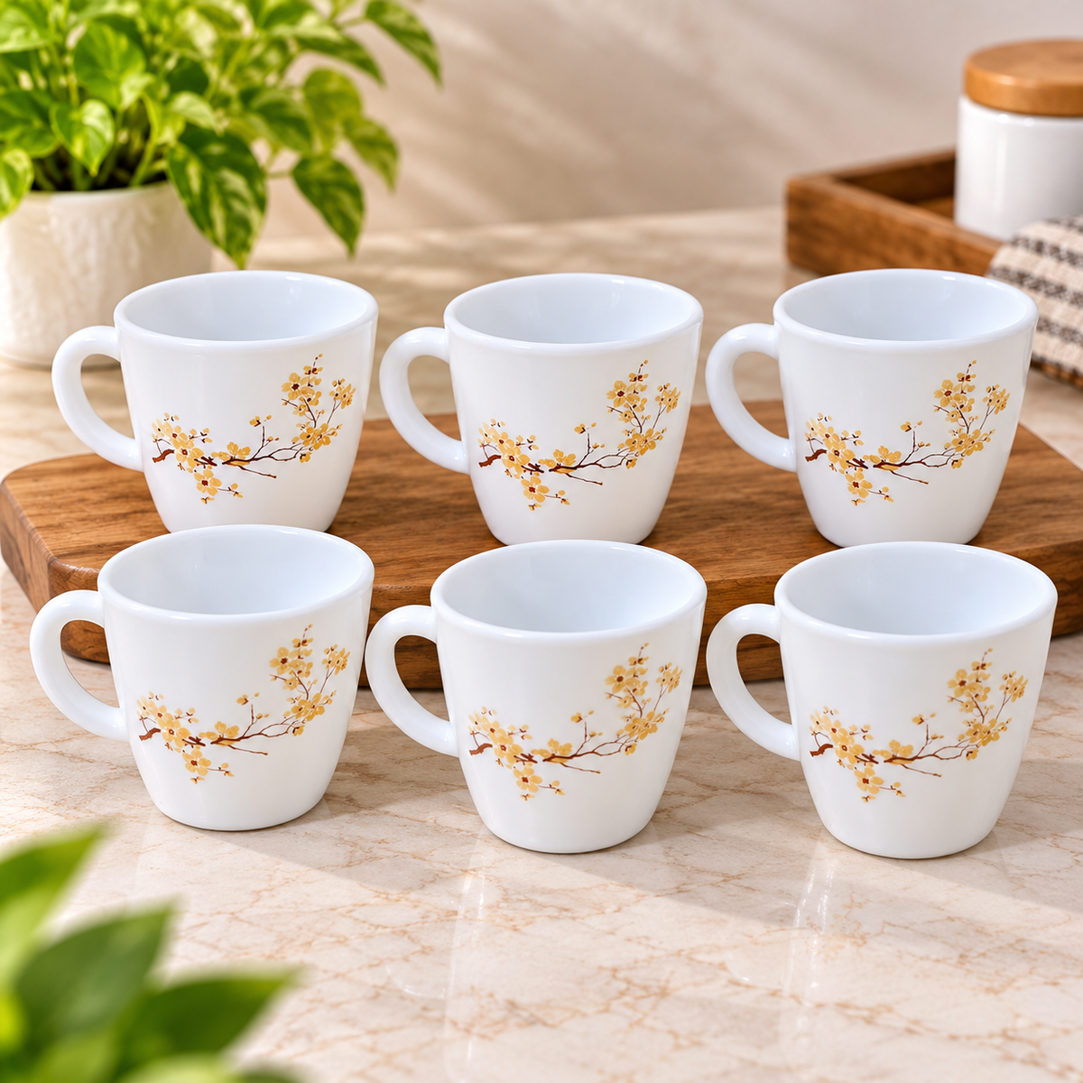 Cello Ricca Golden Mist Cup Set, 100 ML, Pack of 6 | White Printed Tea Cups with Golden Floral Branch Design | Stylish Cups for Tea, Coffee, Milk & Daily Use