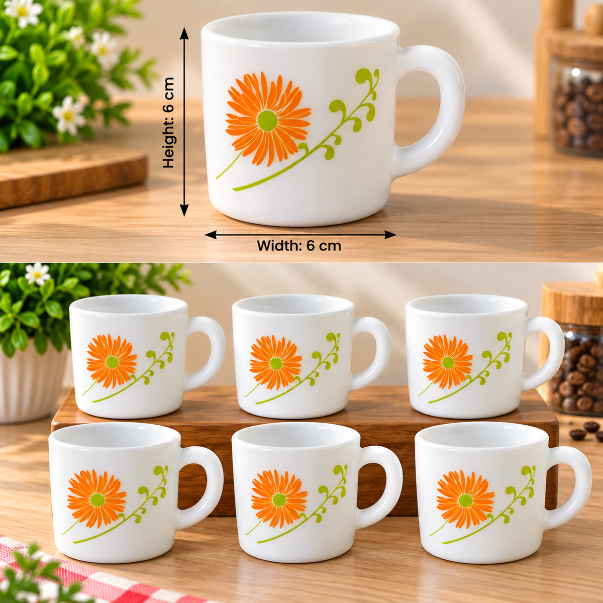 Cello Stella Cup Livid Lilac 100ml Set of 6, White Cups with Orange Floral Design | Small Tea Coffee Cups for Espresso, Milk, Serving Guests & Everyday Use