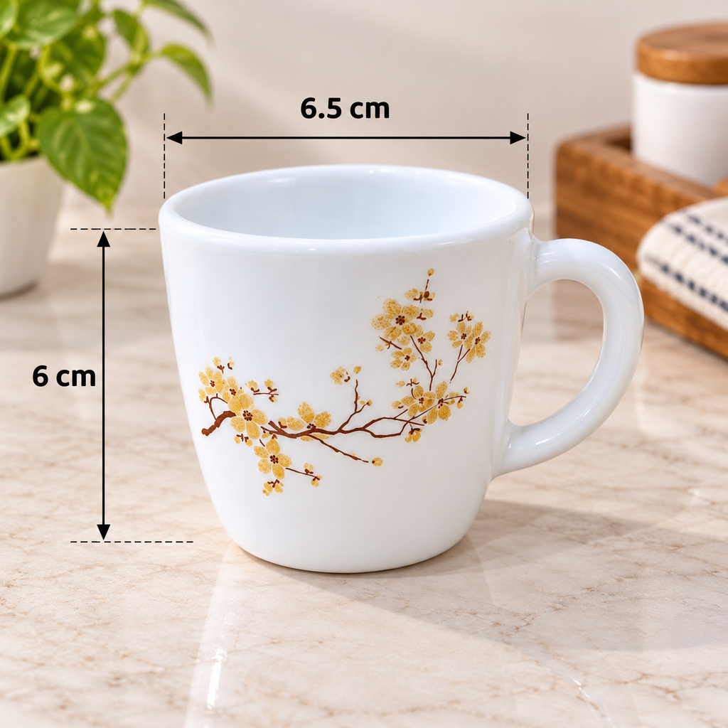 Cello Ricca Golden Mist Cup Set, 100 ML, Pack of 6 | White Printed Tea Cups with Golden Floral Branch Design | Stylish Cups for Tea, Coffee, Milk & Daily Use
