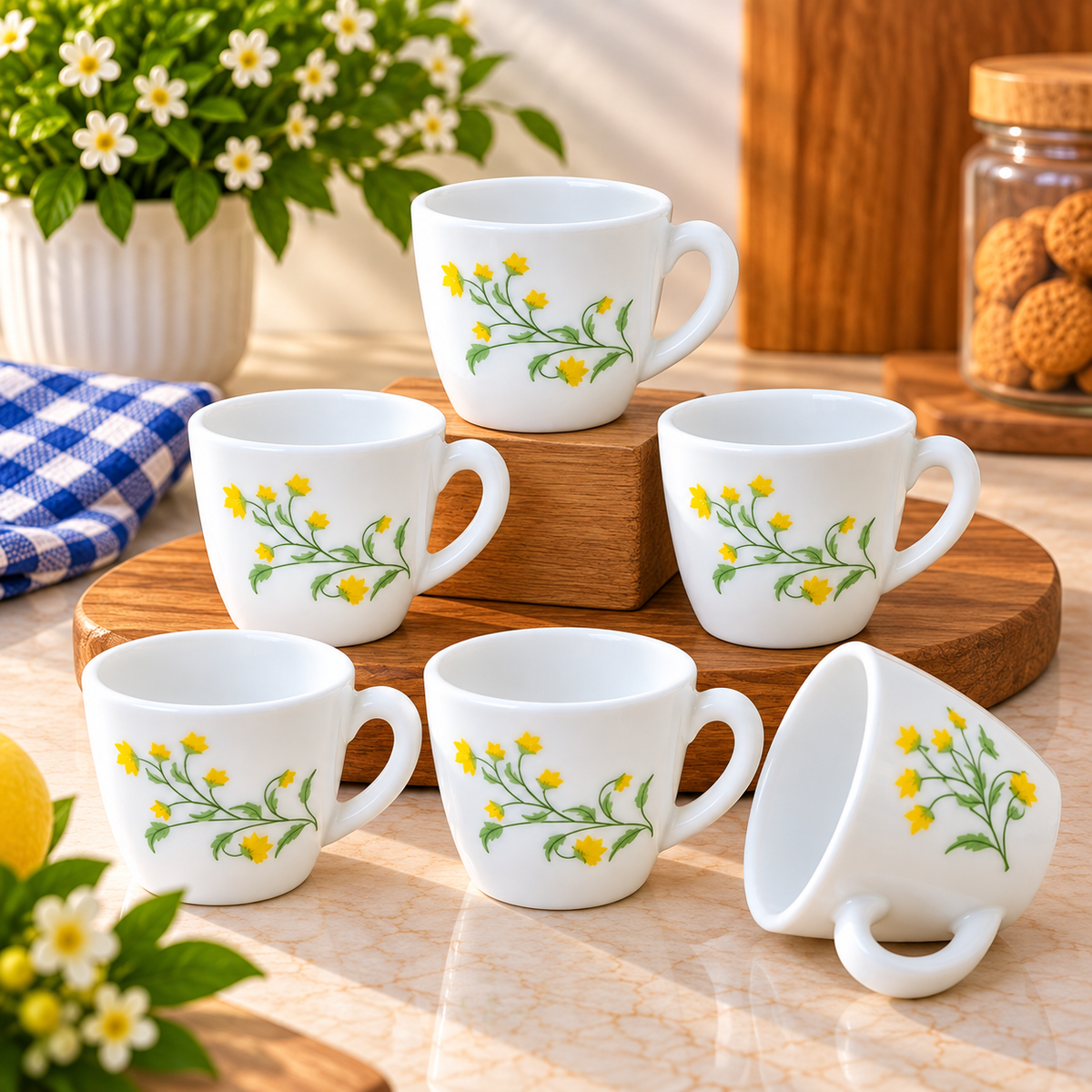 Cello Ricca Yellow Grapevine Cup Set of 6, 100 ML | White Tea Cups with Yellow Floral Vine Design | Stylish Small Cups for Tea, Coffee, Milk, Espresso & Everyday Use