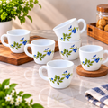 Cello Ricca Moon Rose Cup Set, 100 ML, Pack of 6 | White Printed Tea Cups with Blue Floral Design | Stylish Cups for Tea, Coffee, Milk & Daily Use