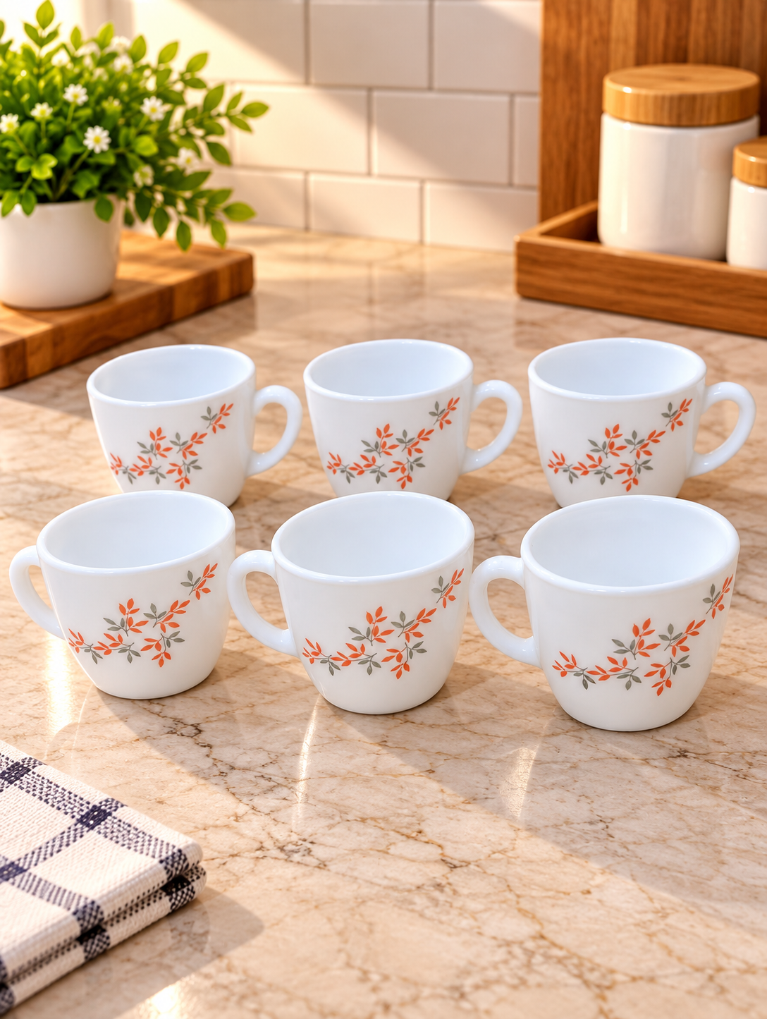 Cello Ricca Twilight Ceramic Cups 100 ML, Pack of 6 | White Tea and Coffee Cups with Elegant Orange & Grey Leaf Design | Small Cups for Tea, Espresso, Milk, Home, Office and Daily Use