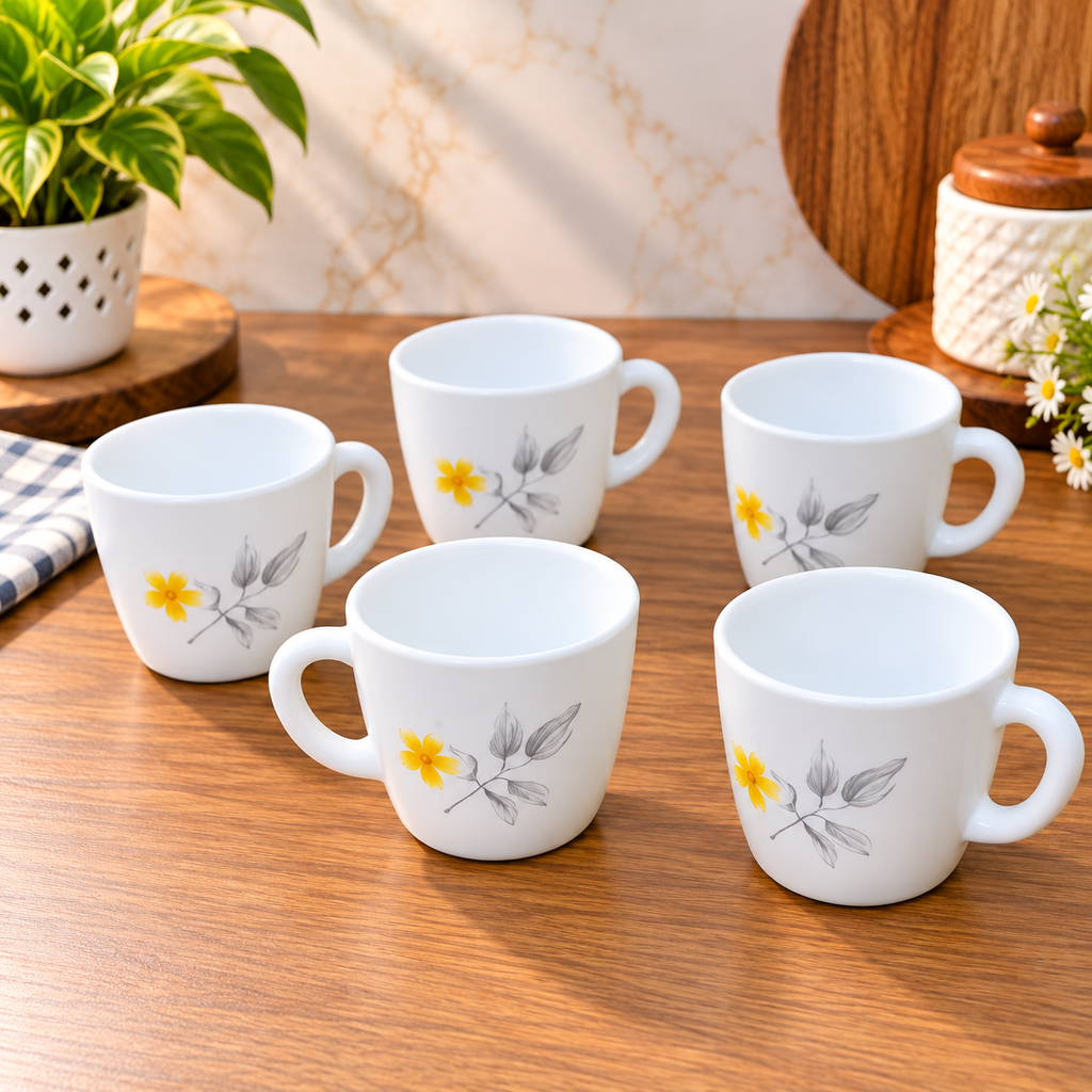 Cello Ricca Frangipani Cup Set 100 ML, Pack of 6 | White Cups with Yellow Floral Design | Stylish Tea and Coffee Cups for Home, Office and Everyday Use