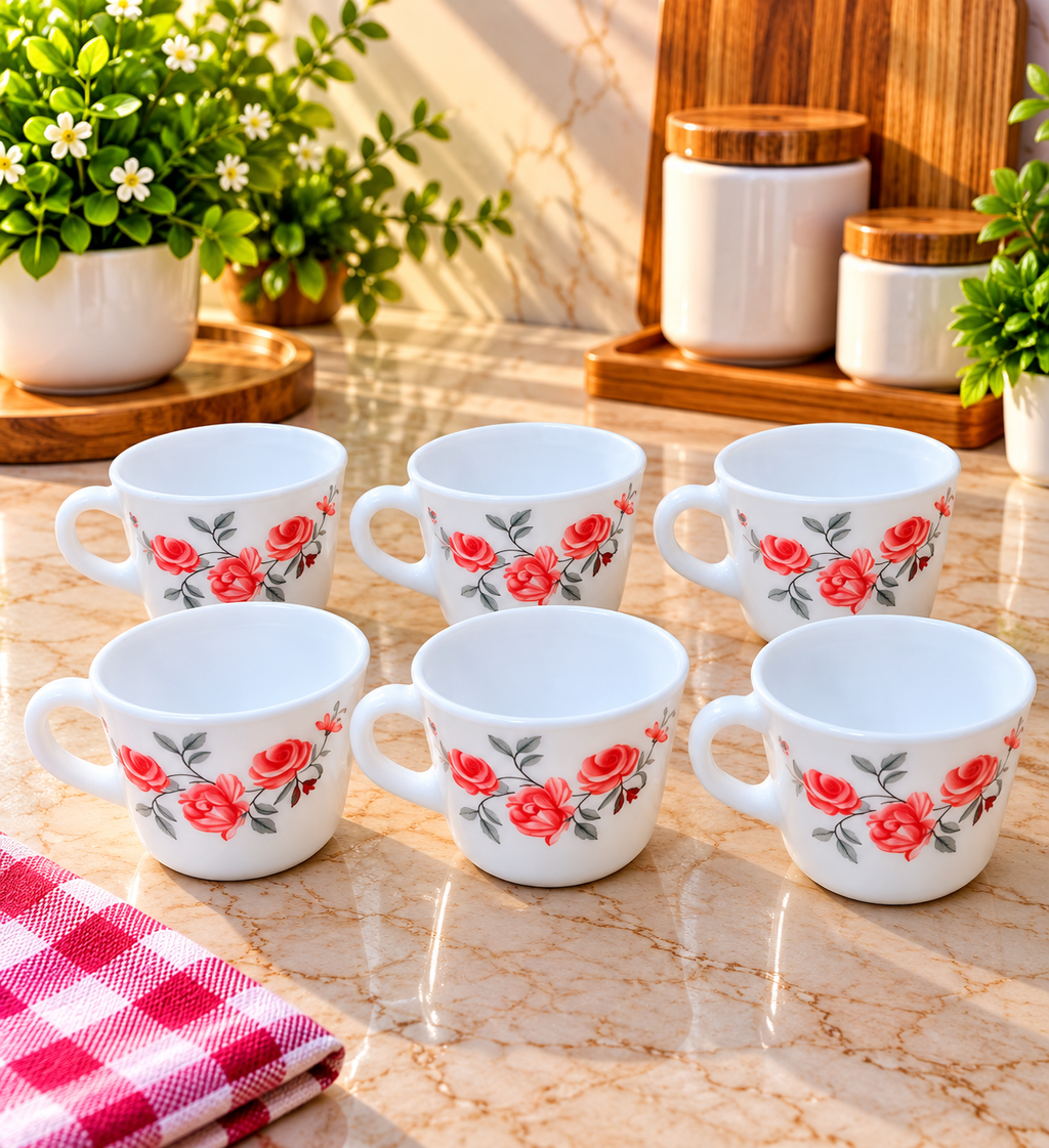 Cello Prince Red Rose Fantasy Cup Set of 6, 130 ML Each | Elegant Red Rose Printed White Tea Cups for Tea, Coffee & Milk | Floral Beverage Cups for Home, Kitchen, Office & Gifting