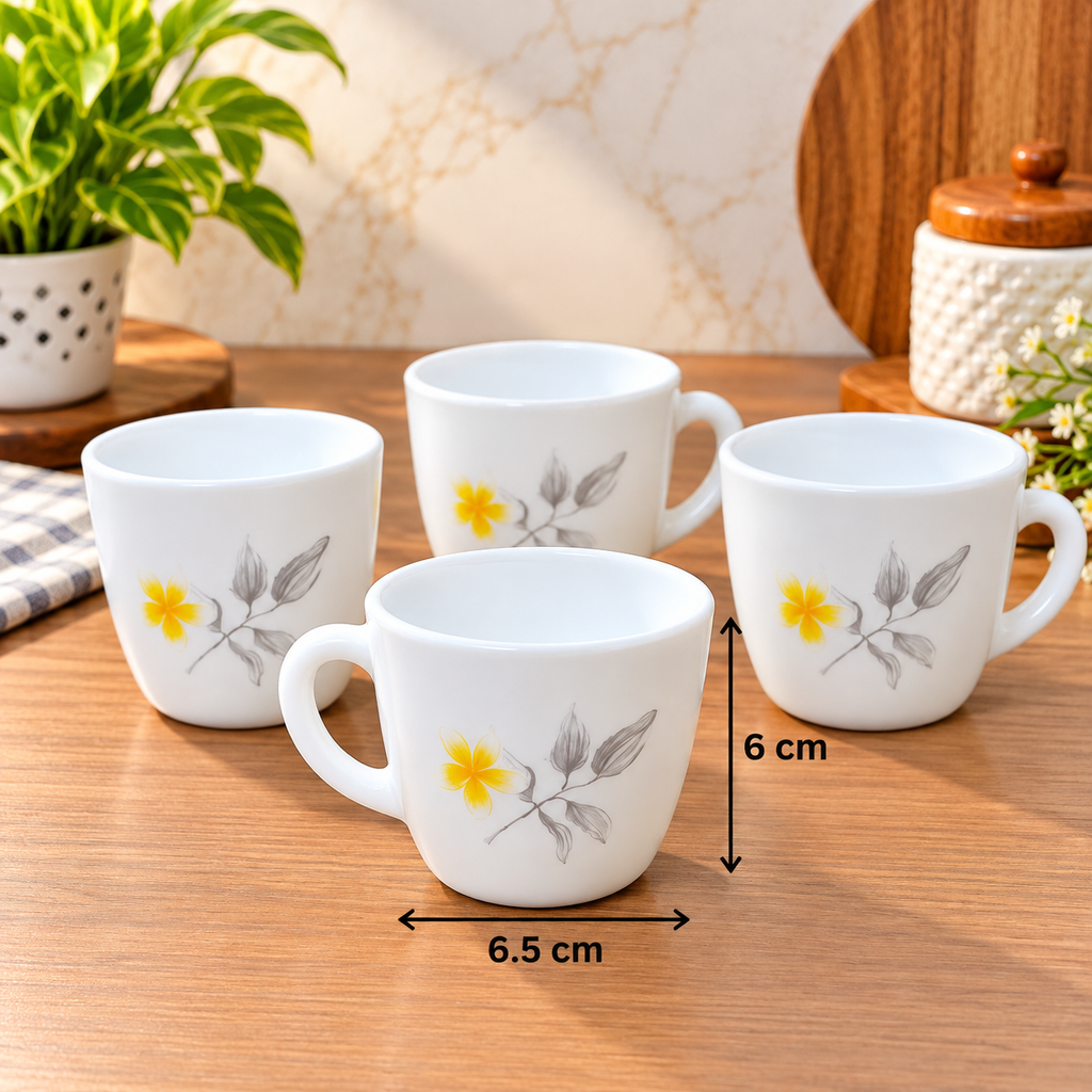 Cello Ricca Frangipani Cup Set 100 ML, Pack of 6 | White Cups with Yellow Floral Design | Stylish Tea and Coffee Cups for Home, Office and Everyday Use