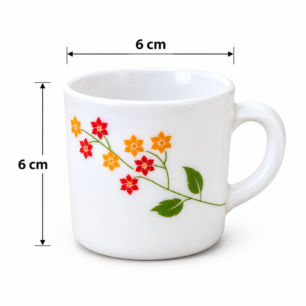 Cello Stella Cup Secret Garden 100 ml, Set of 6 Floral Printed Cups, Elegant White Tea Cups for Tea, Coffee, Espresso, Milk and Beverages, Stylish Small Cups for Home, Office and Gifting