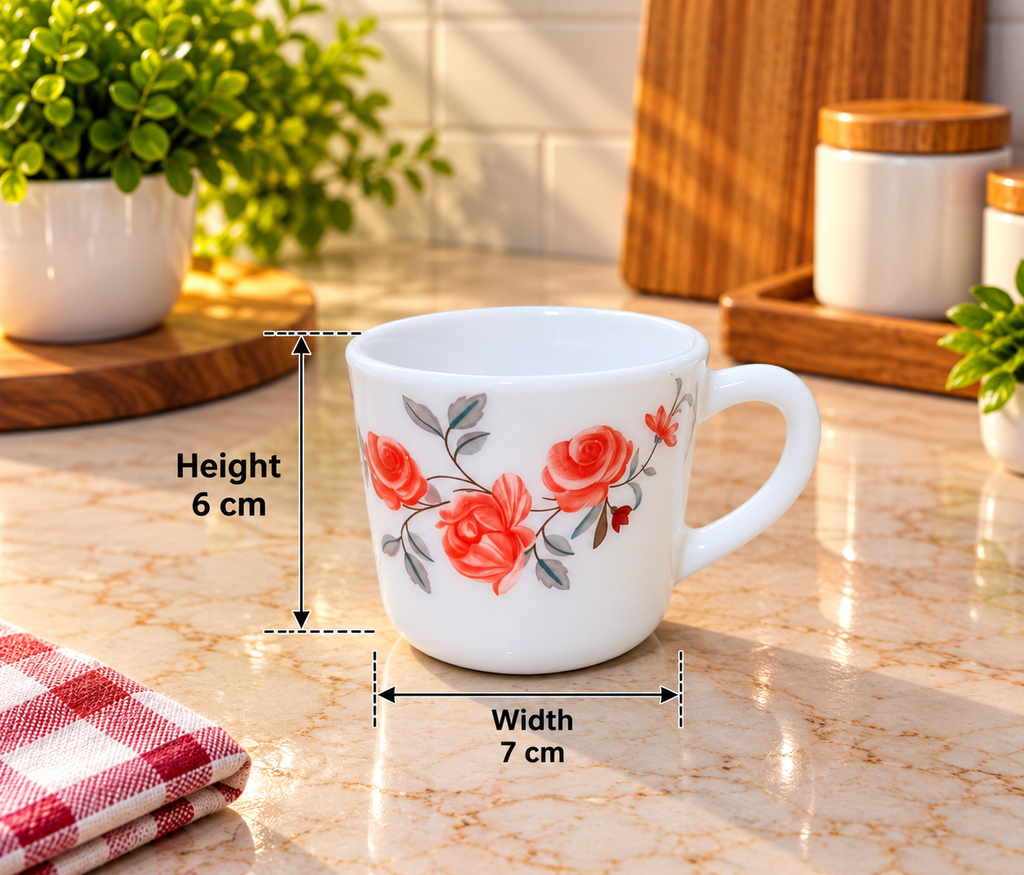 Cello Prince Red Rose Fantasy Cup Set of 6, 130 ML Each | Elegant Red Rose Printed White Tea Cups for Tea, Coffee & Milk | Floral Beverage Cups for Home, Kitchen, Office & Gifting