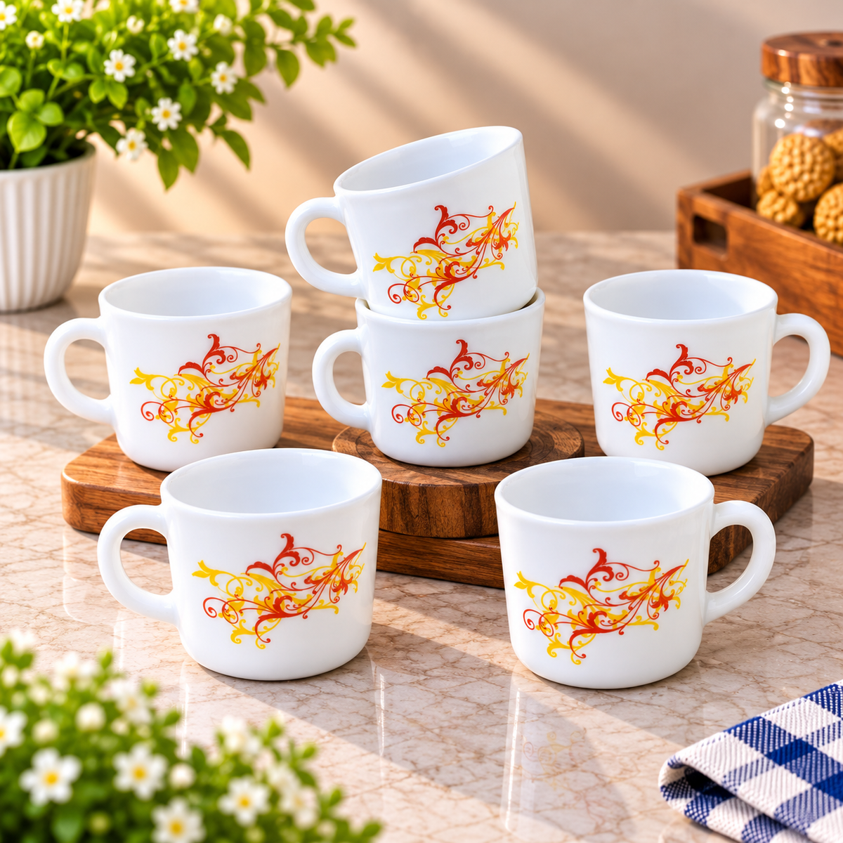 Cello Stella Yellow Scroll Cup Set of 6, 100 ML Each | White Printed Tea Cups with Elegant Red and Yellow Scroll Design | Small Cups for Tea, Coffee, Milk and Beverage Serving