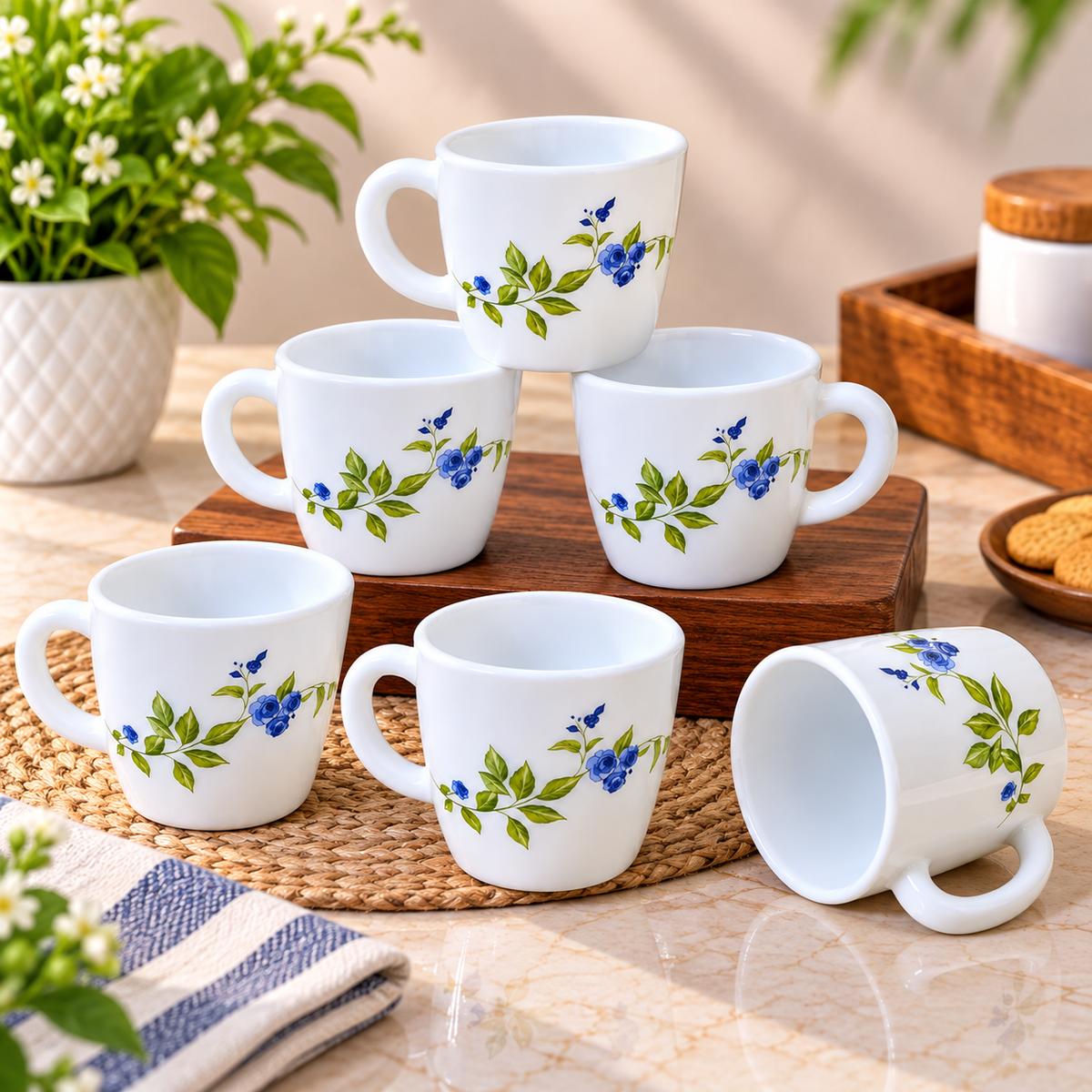 Cello Ricca Moon Rose Cup Set, 100 ML, Pack of 6 | White Printed Tea Cups with Blue Floral Design | Stylish Cups for Tea, Coffee, Milk & Daily Use