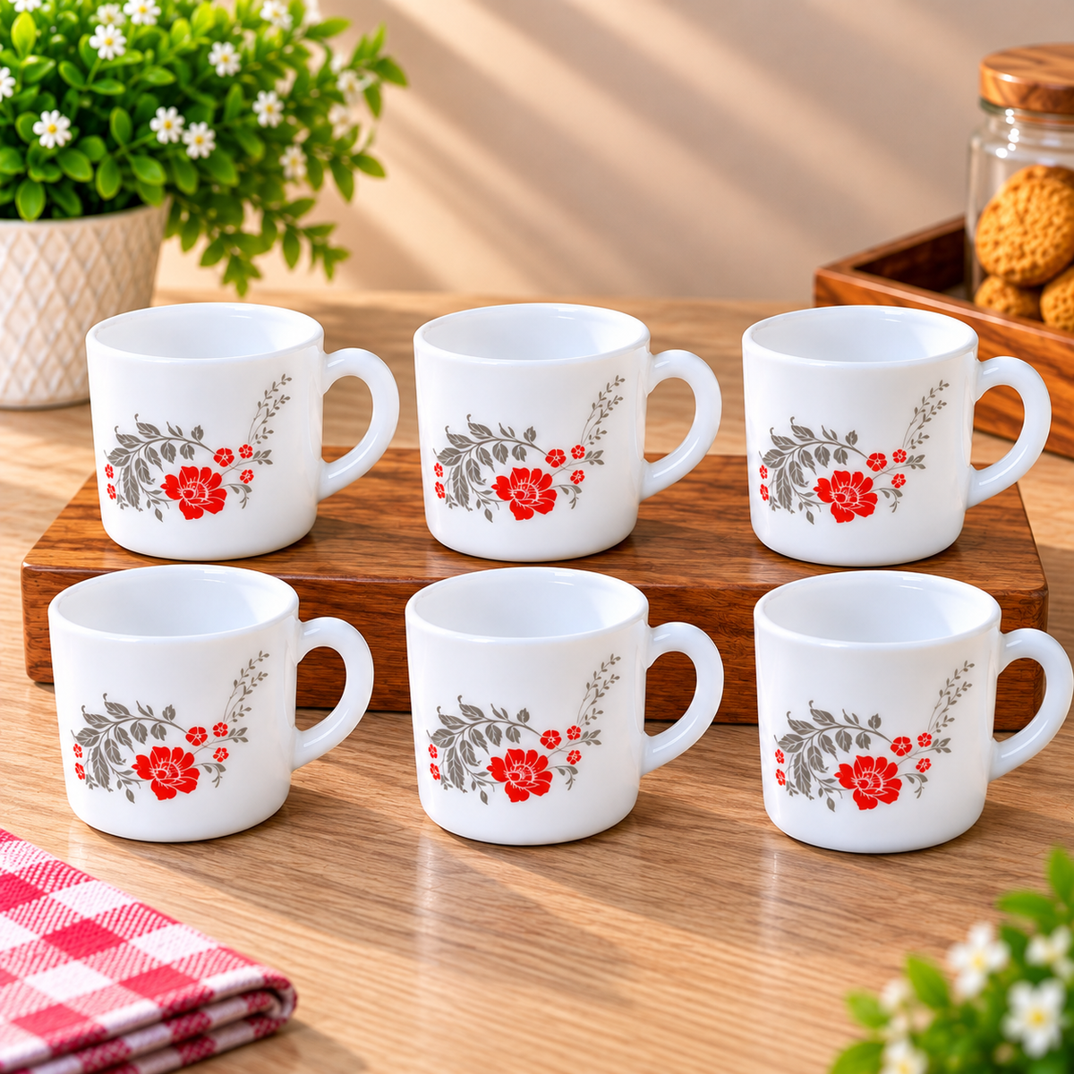 Cello Stella Cup Scarlet Bliss 100 ml, Set of 6 Floral Printed Cups, Elegant White Tea Cups for Tea, Coffee, Espresso, Milk and Beverages, Stylish Small Cups for Home, Office and Gifting