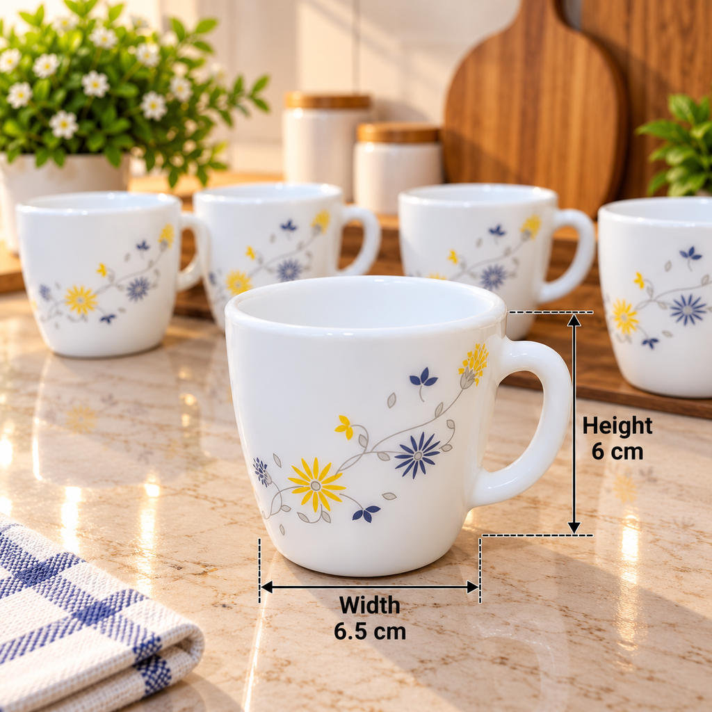 Cello Ricca Blooming Daisy Cup Set of 6, 100 ML Each | Floral Printed Tea Cups for Tea, Coffee, Milk & Beverages | Elegant White Cups for Daily Use, Home, Kitchen & Gifting