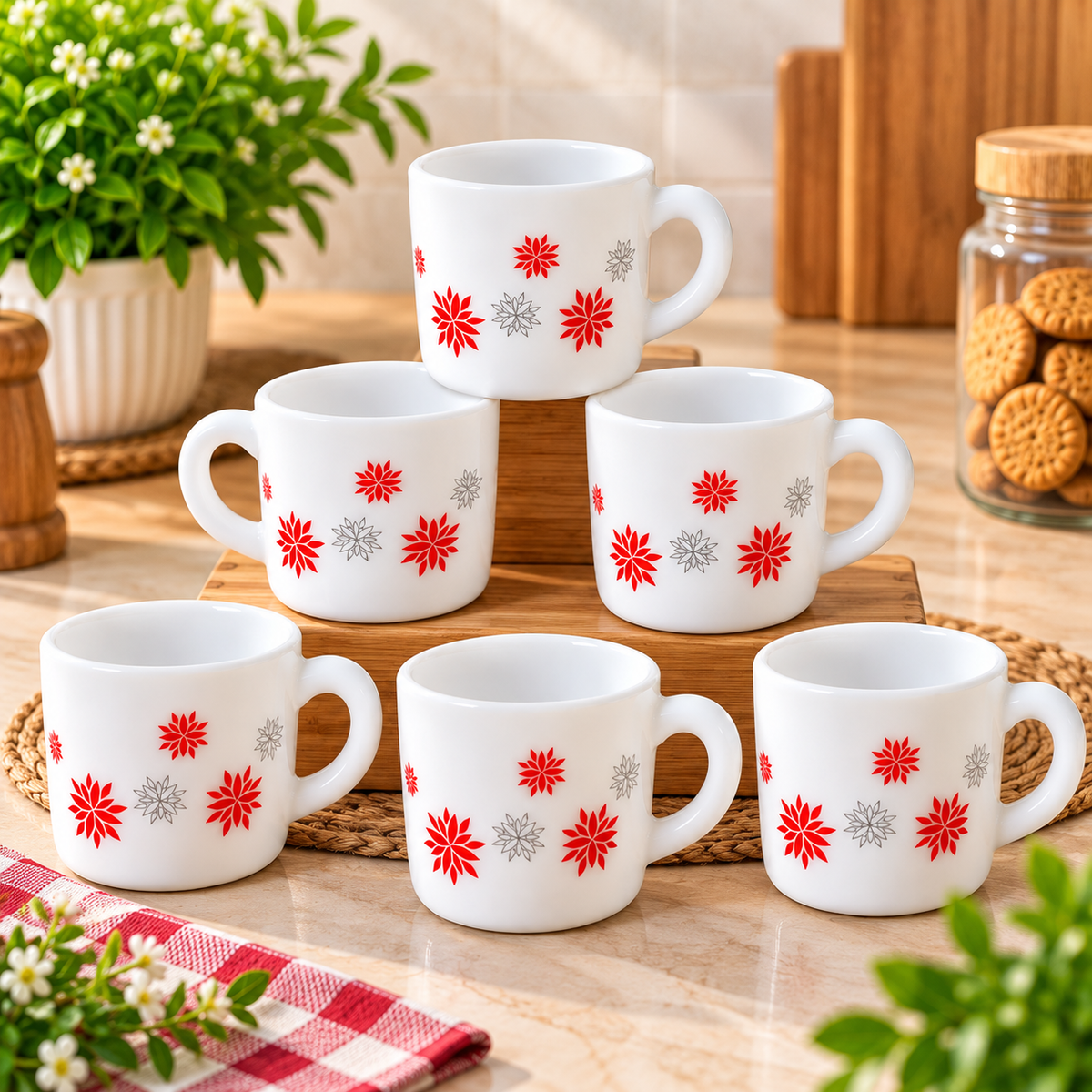 Cello Stella Magical Star Cup Set of 6, 100 ML Each | White Floral Printed Tea and Coffee Cups | Red and Grey Star Flower Design Small Beverage Cups for Home, Office, Espresso and Gifting