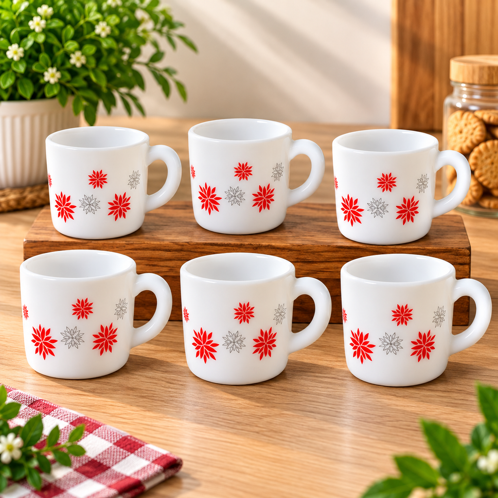 Cello Stella Magical Star Cup Set of 6, 100 ML Each | White Floral Printed Tea and Coffee Cups | Red and Grey Star Flower Design Small Beverage Cups for Home, Office, Espresso and Gifting