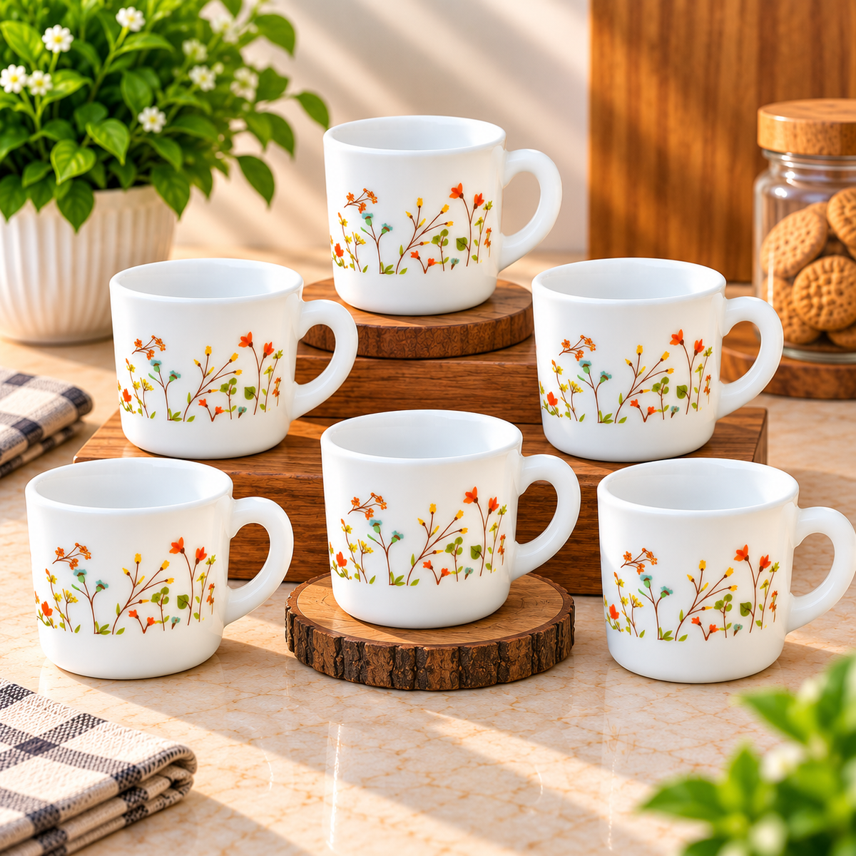 Cello Stella Hanging Garden Cup Set of 6, 100 ML Each | White Floral Printed Tea Cups for Tea, Coffee, Espresso, Green Tea & Serving | Elegant Small Cups for Home, Office and Gifting
