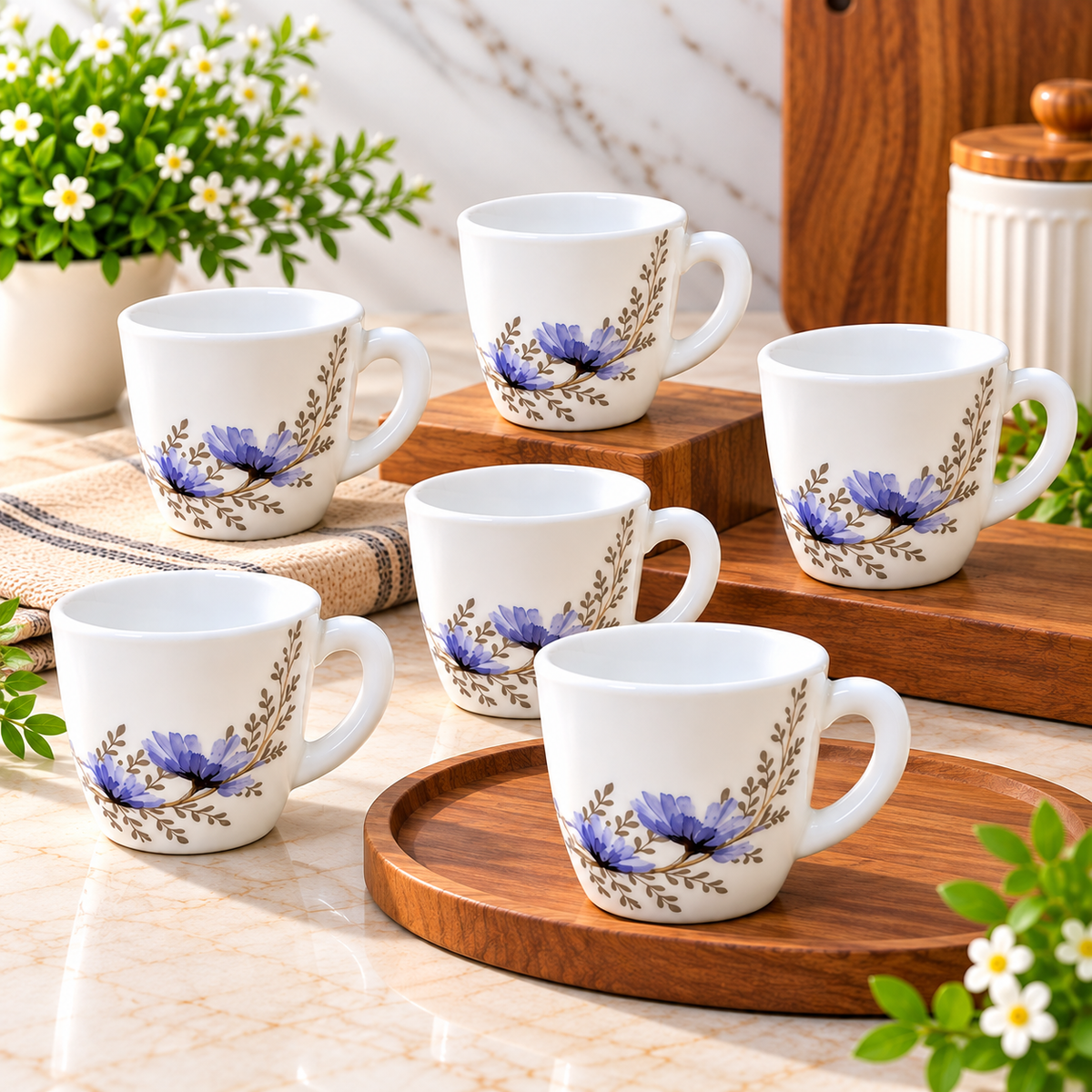 Larah Bellflower Cup 100 ML, Pack of 6 | Elegant White Tea Cups with Purple Floral Design | Small Coffee Cups for Tea, Coffee, Milk & Hot Beverages | Stylish Drinkware for Home & Office