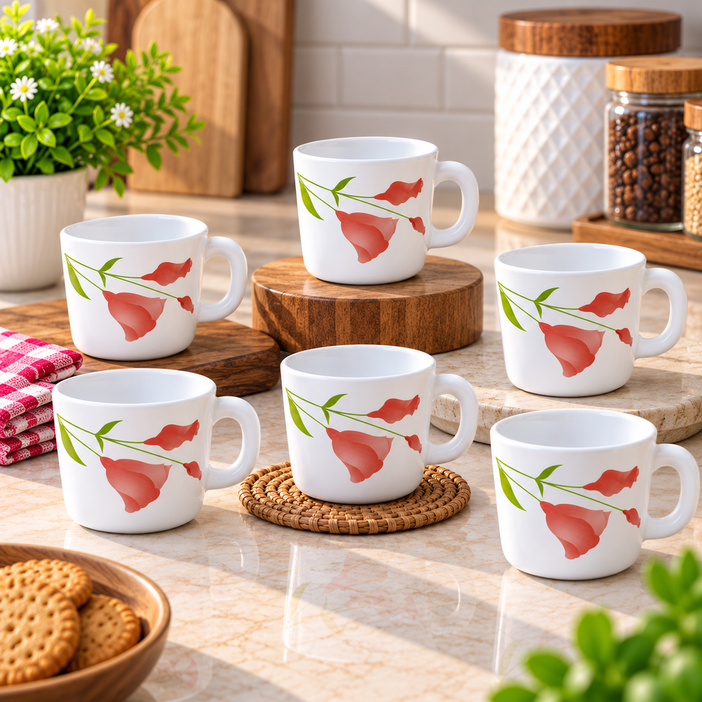 LARAH Red Diana Cup Set of 6, 100ML Each | Elegant Red Floral Printed Tea Cups | Stylish Cups for Tea, Coffee, Milk & Beverages | Premium Kitchen and Dining Crockery
